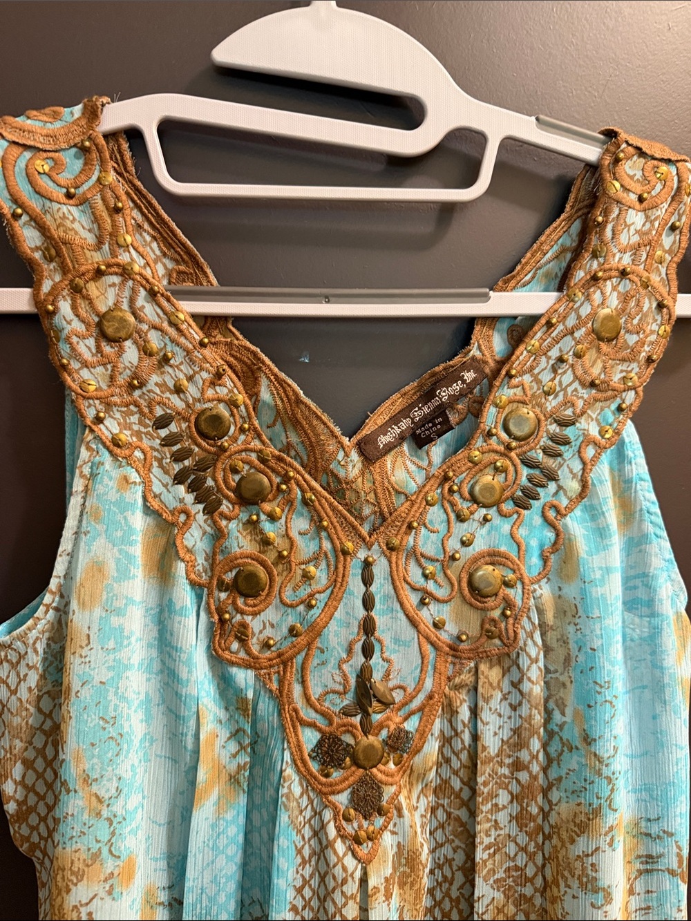 Boho Turquoise Embroidered V-Neck Tunic Top